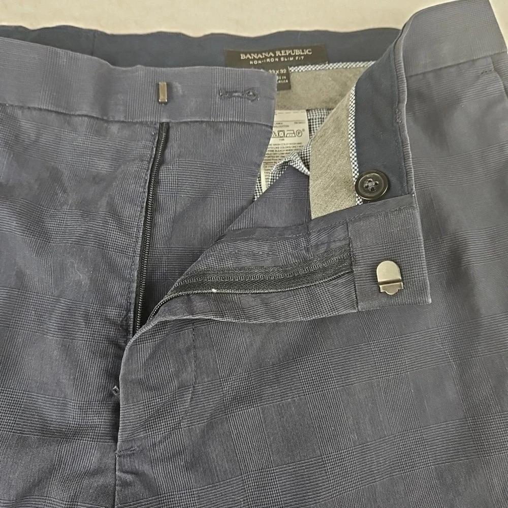 Banana Republic Non-Iron Slim Fit Pants Navy Cotton Trousers 33x32 Check Wrinkle